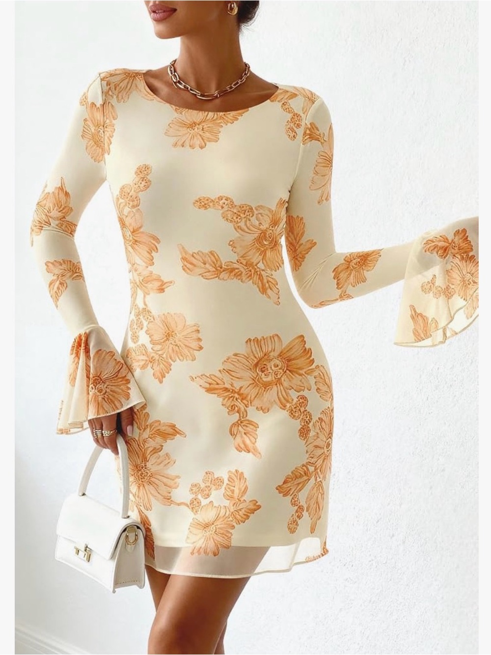 PrettyGarden Dress Size XXL Cream Floral Mesh Long Sleeve Bell Cuff